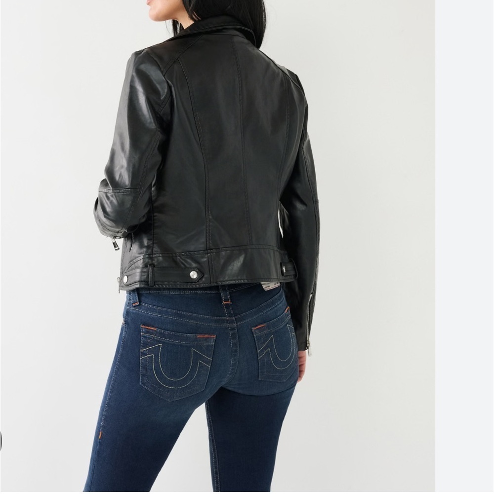 True Religion Moto Black Leather Jacket Size S Women